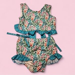 Swoon Baby Teal Floral Ruffle Swimsuit 2 Piece Bikini Set Size 3T EUC